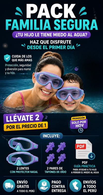 2 LENTES DE NATACIÓN CON PROTECTOR NASAL + 2 PARES DE TAPONES DE OIDO